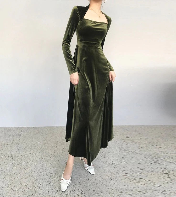 Weitese Formal Women's Dresses Long Sleeves Green Velvet Prom Dress A Line Evening Party Dress Prom Dresses Stores